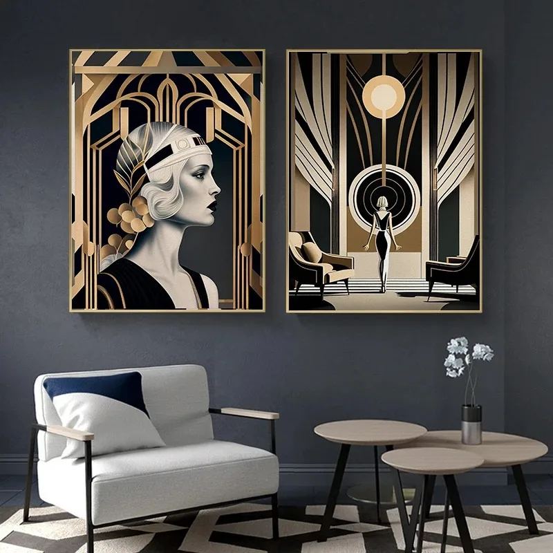 1920s Retro Art Deco Style Great Gatsby Party Poster Abstract Wall Pictures Canvas Painting Vintage Home Hotel Interior Decor