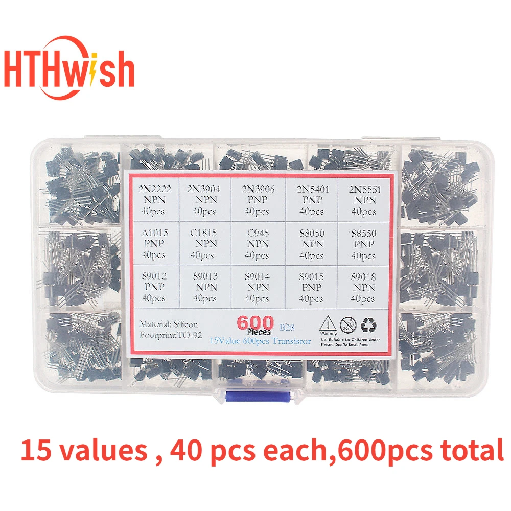 600PCS Transistors Kit 15 values 2N2222 2N3904 2N3906 2N5401 2N5551 A1015 C1815 C945 S8050 S8550 S9012 S9013 S9014 S9015 S9018