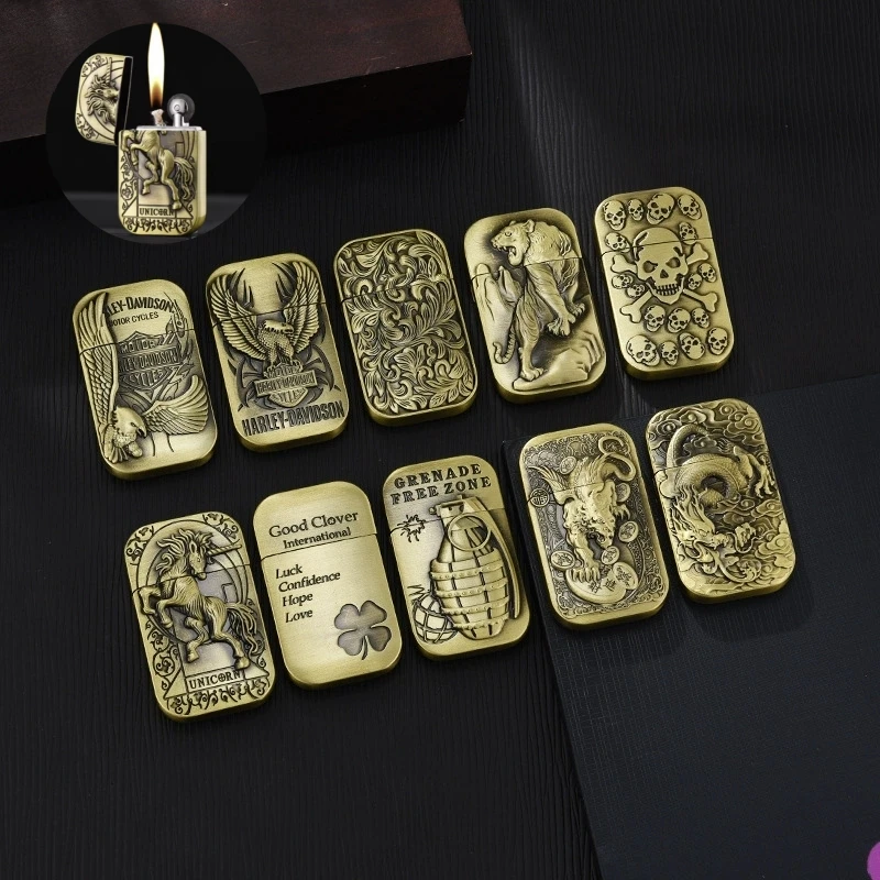 

Metal Retro Relief Mini Ultra-thin Portable Grinding Wheel Open Flame Oil Lighter Lighter Gift Cigarette Accessories Wholesale