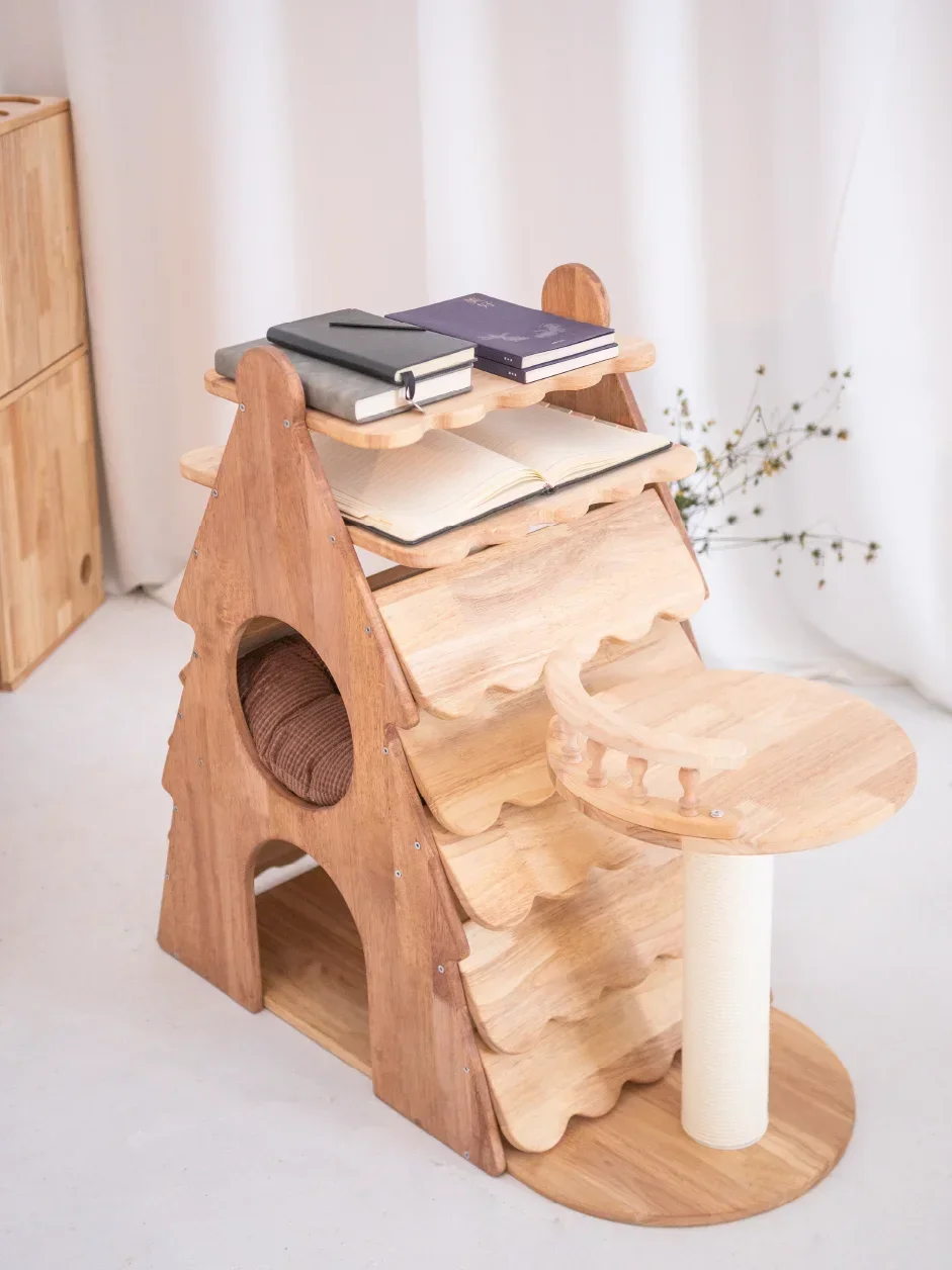 Christmas Tree Cat Nest Solid Wood Double Layer Chamfer Integrated Shared Storage Rack