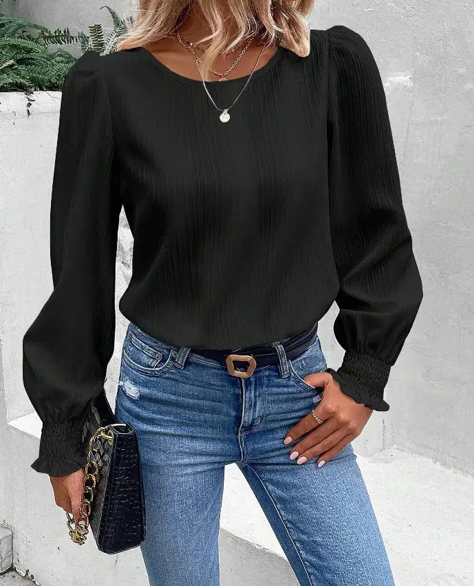 Women Fashion Blouses 2024 Spring Autumn Latest Minimalist Long Sleeved Solid Color Shirt Elegant Style Round Neck Top Pullover