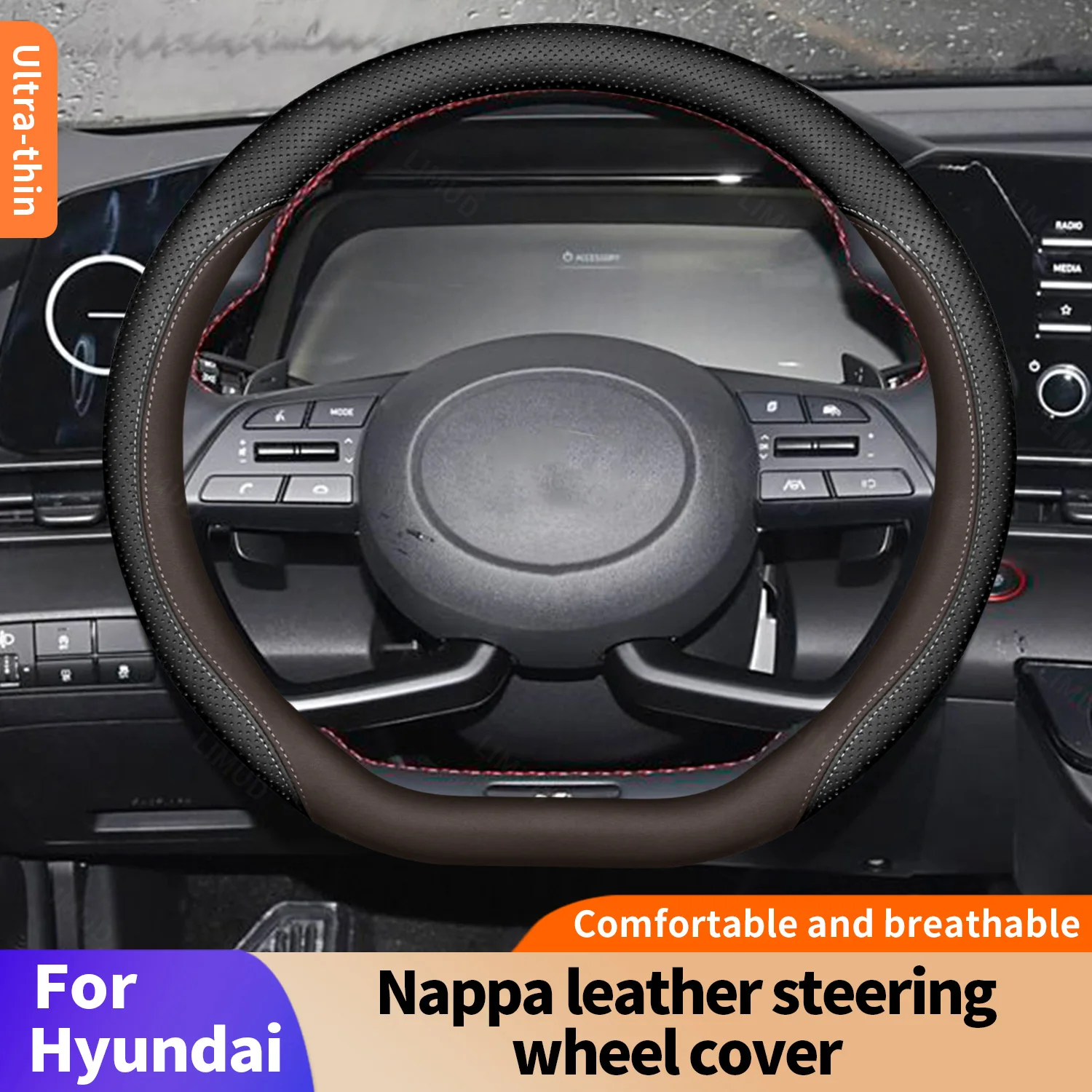 

Napa Leather Perforated Patchwork Car Steering Wheel Cover For Hyundai Avante Tucson Santa Fe Grandeur Sonata Elantra Grandeur