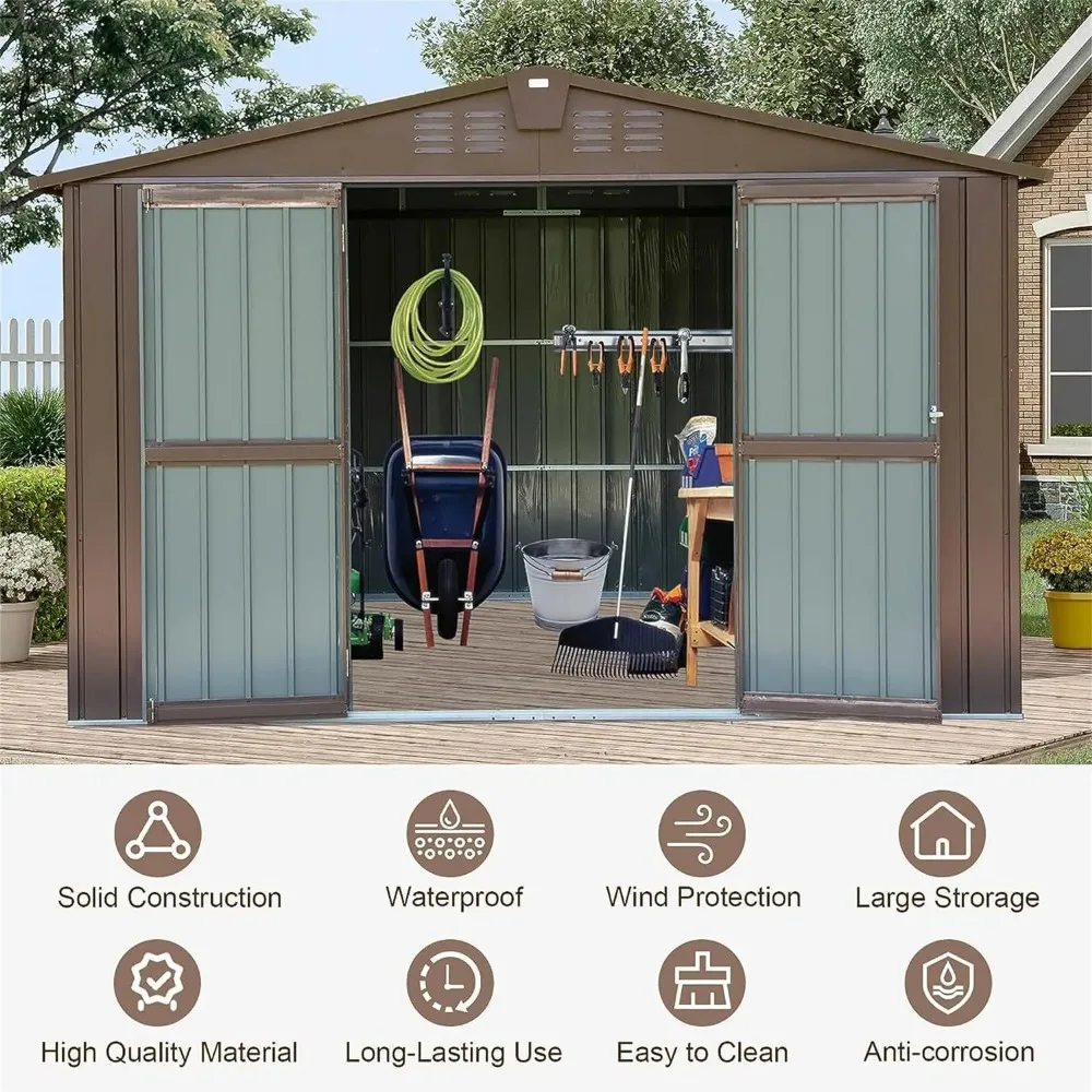 Imagem -05 - Metal Outdoor Tool House Grande Utilitário de Aço com Portas Duplas Bloqueáveis e Aberturas de ar Prateleiras de Armazenamento ao ar Livre 10x8 ft