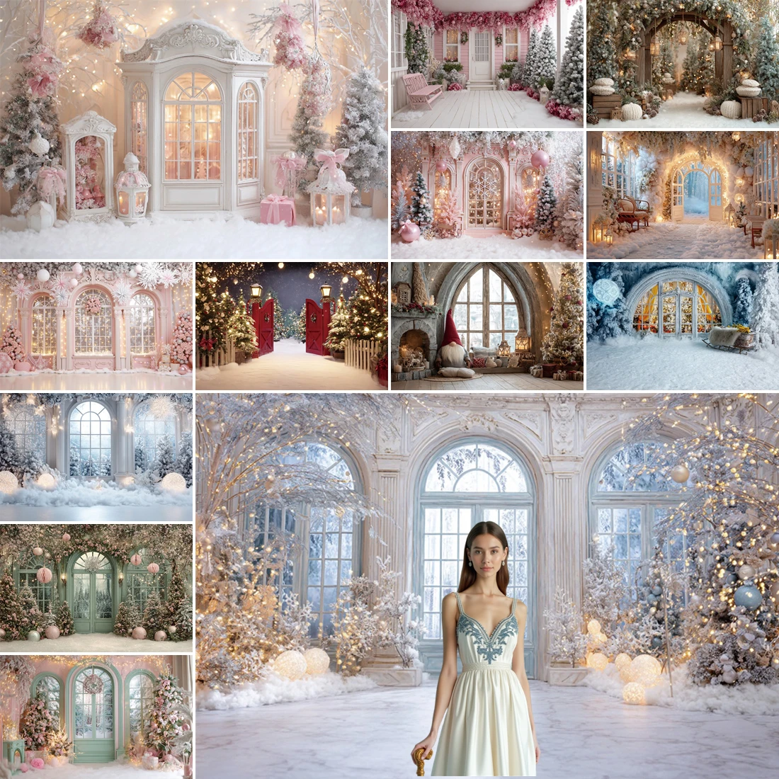 MOON.QG Christmas Ornaments Photo Background Dreamy Room Arch Pink Snowflake Photography Backdrop Photo Studio Decoration Poster