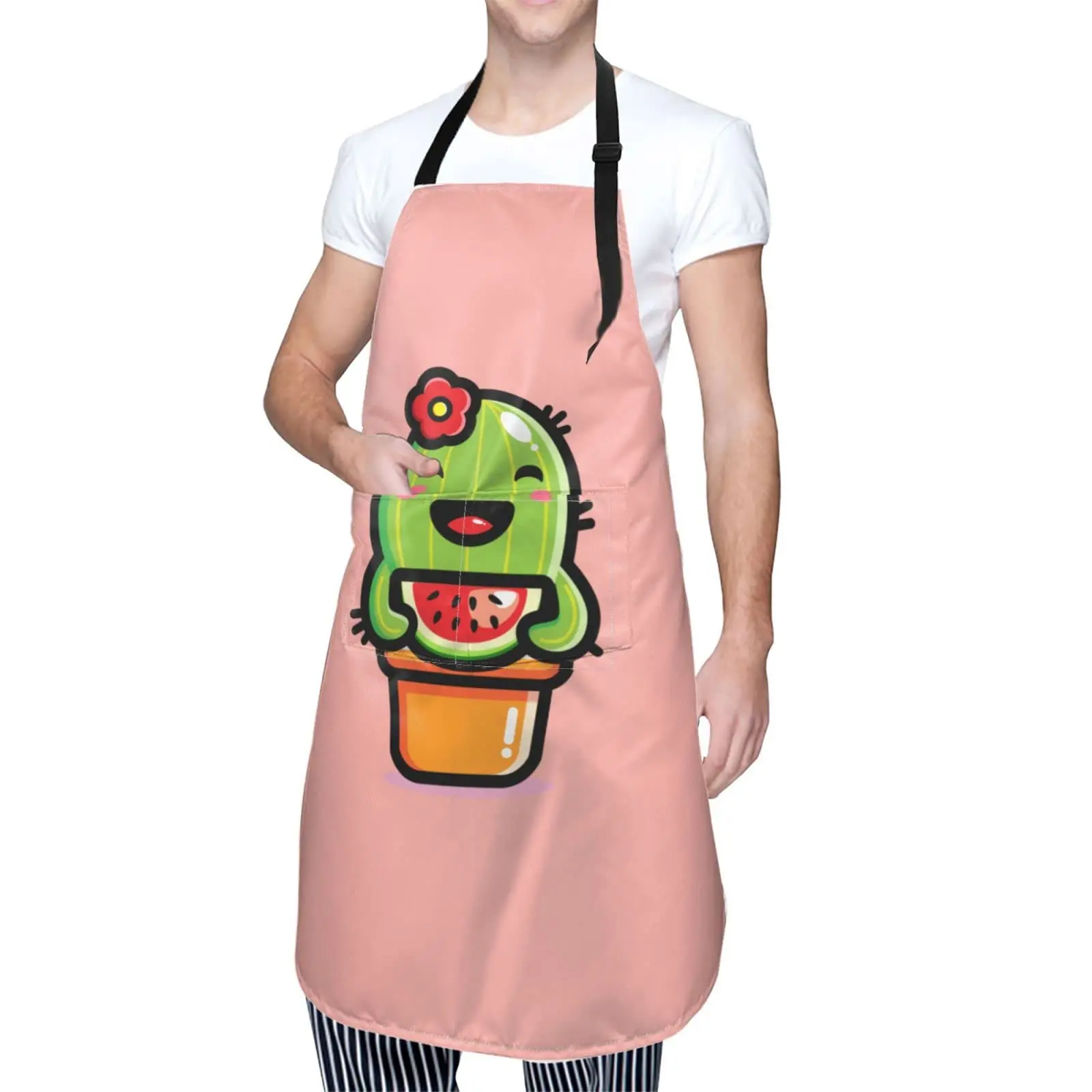 Cute Cactus Eating Watermelon Apron Adjustable Neck Aprons For Men Women With Pockets Waterproof Aprons For Kitchen