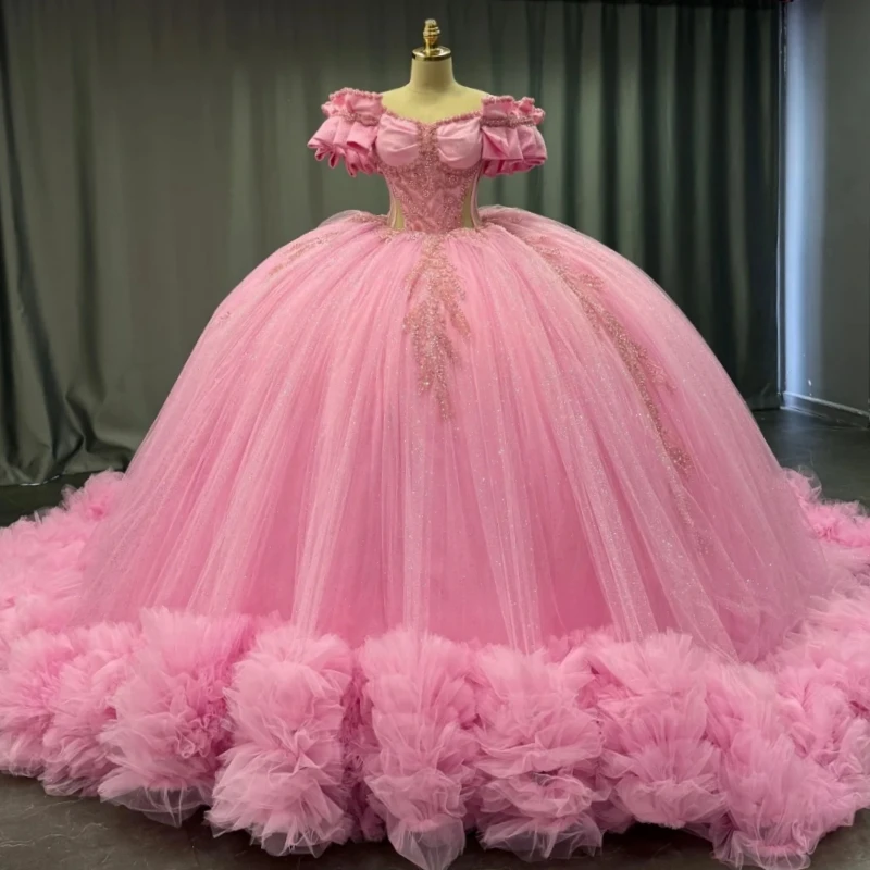 

Pink Shiny Quinceanera Dresses Off The Shoulder Applique Lace Beading Crystal Tiered Tull Party Birthday Sweet 16 Dress Vestidos