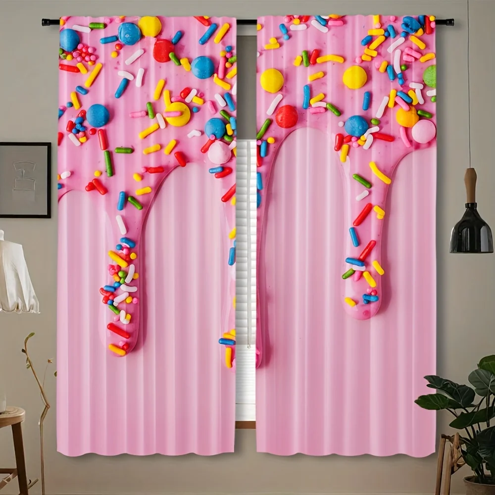 Pink Dripping Cream Candy Blackout Rod Pocket Curtain Colorful Sprinkle Dessert Decor Girl Homestay Snack Rest Bay Window