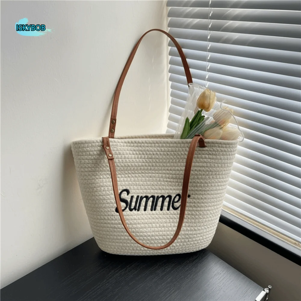 

Женская сумка-тоут с простым дизайном, однотонная, вместительная, плетеная, пляжная сумка-корзина в корейском стиле, хлопковая веревочная сумка для морского отдыха