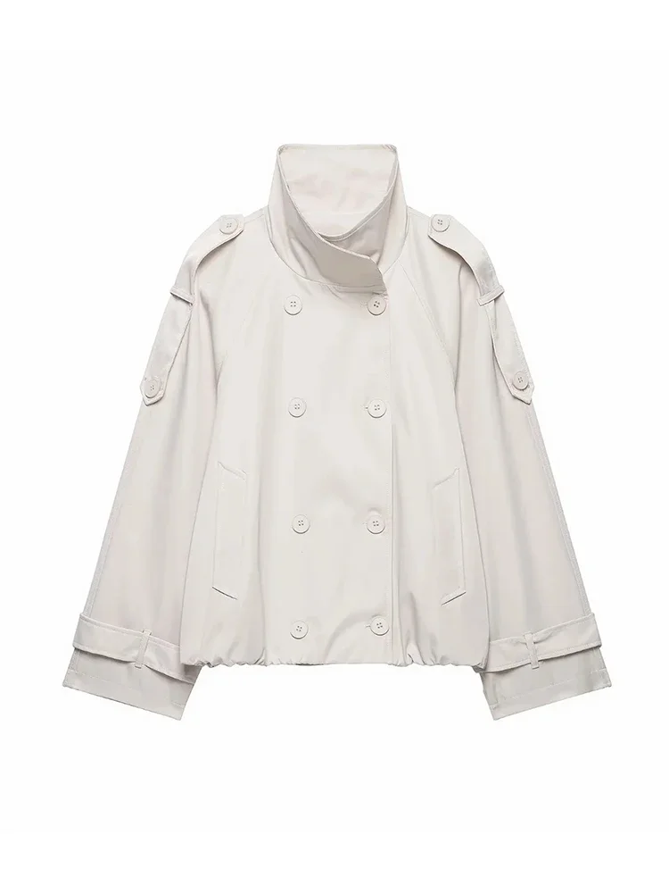 Spring Fall Women Stand Collar Chic Cropped Trench Outerwear Women Elegant Double‑Breasted Cuffs Loose Lady Jacket