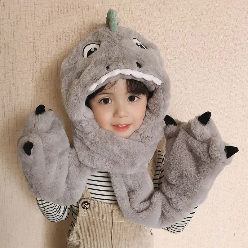 Children\'s Hat Winter Boys and Girls Baby Winter Warm Cute Dinosaur Plush Neck Scarf One Piece Set