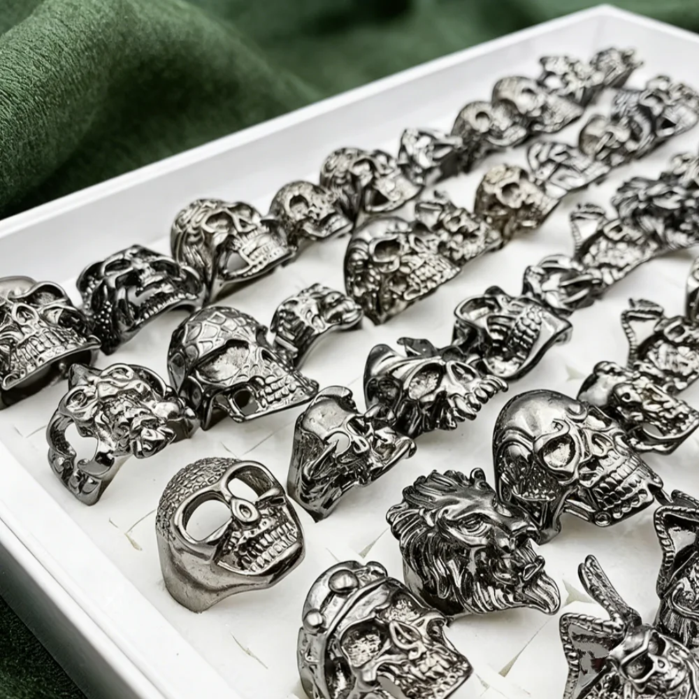 10/15/20/25/30Pieces Retro Gothic Punk Skull Rings Set For Men Women Mix Style Hip Hop Vintage Skeleton Jewelry Party Gits