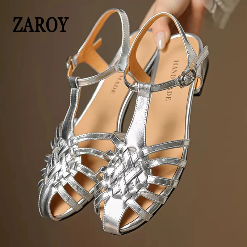 ZAROY Hollow Narrow Band Women Flat Sandals Summer 2027 Elegant Ankle Strap Gladiator Sandals Casual Cozy Vacation Beach Shoes