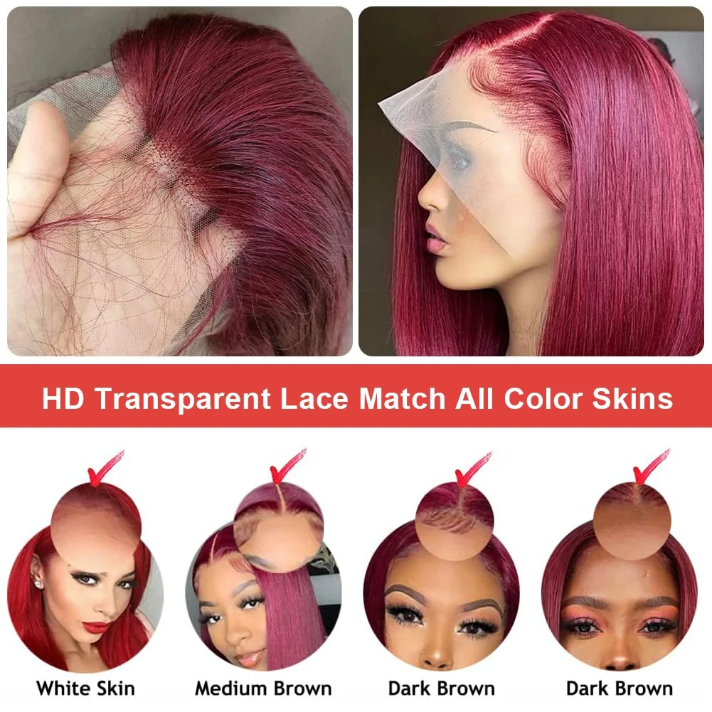 13x4 Seide Gerade 99J Burgund Bob Perücken Echthaar Spitze Frontal Perücke Vorgezupft Mit Baby Haar Transparente Spitze Perücken Echthaar