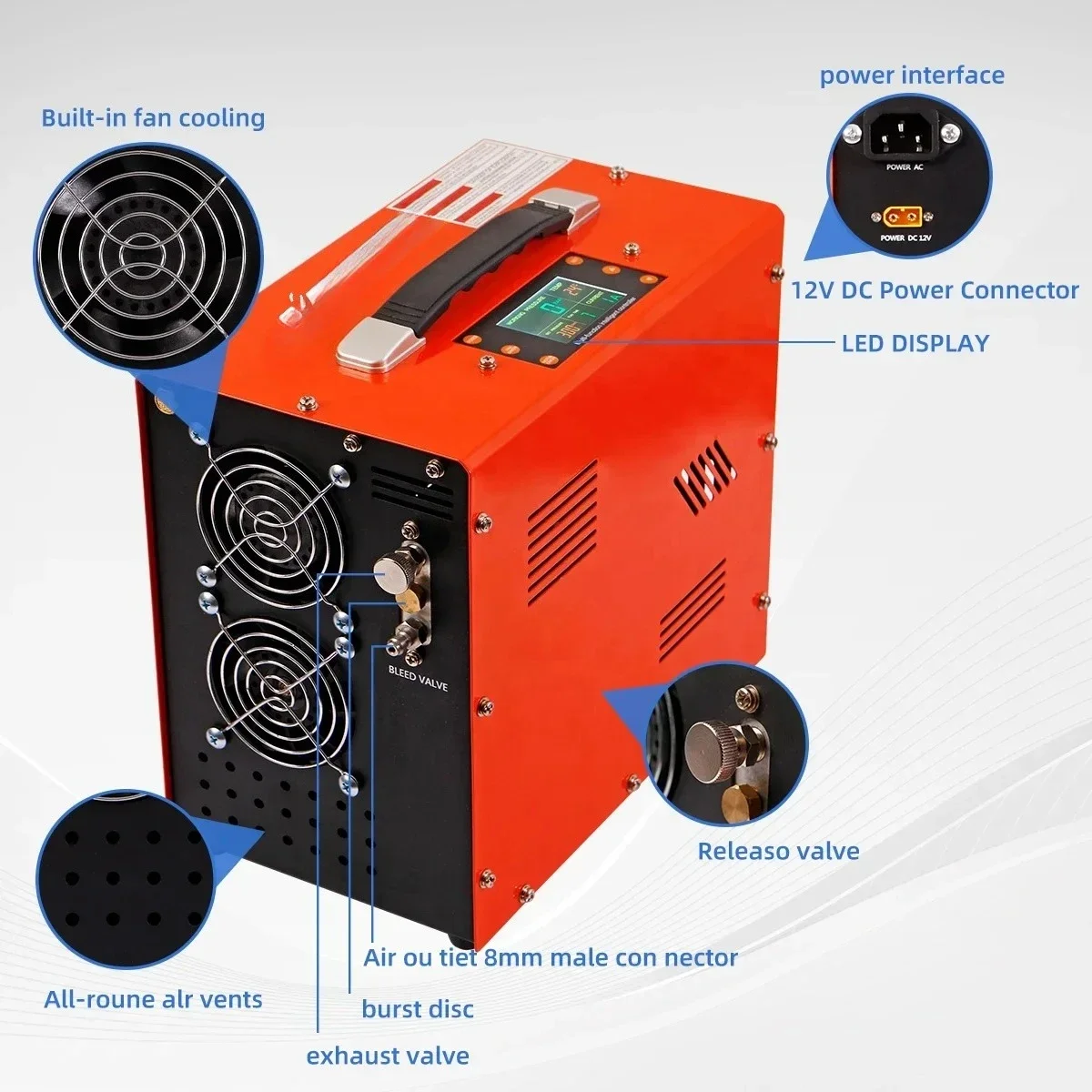 

Pcp Air Compressor Pcp 12v 4500 Psi 300 Bar 30mpa LCD Scuba Diving Breathing 12v/220v110v PCC