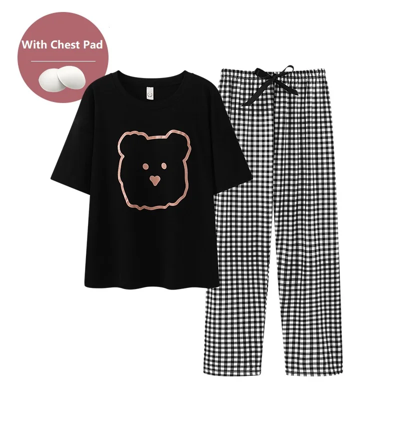 With Chest Pad Summer Style Pyjamas Women Short Sleeve Female Plaid Print Princess Pajamas Set Lovely Cartoon Pijamas Feminino