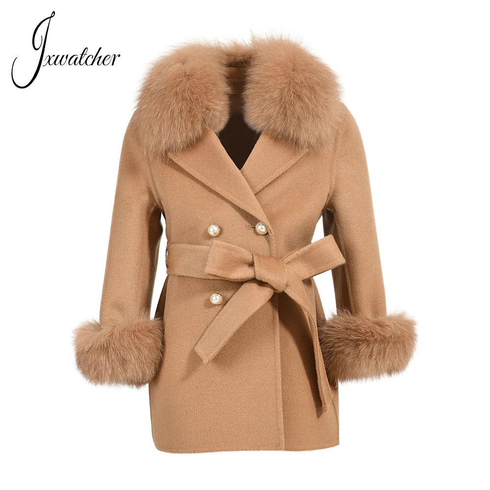 Winter Kids Girls Cashmere Coat Real Fox Fur Collar Cuffs Autumn Warm Wool Coat Overcoat Cute Bow Child Wool Jacket Clothes