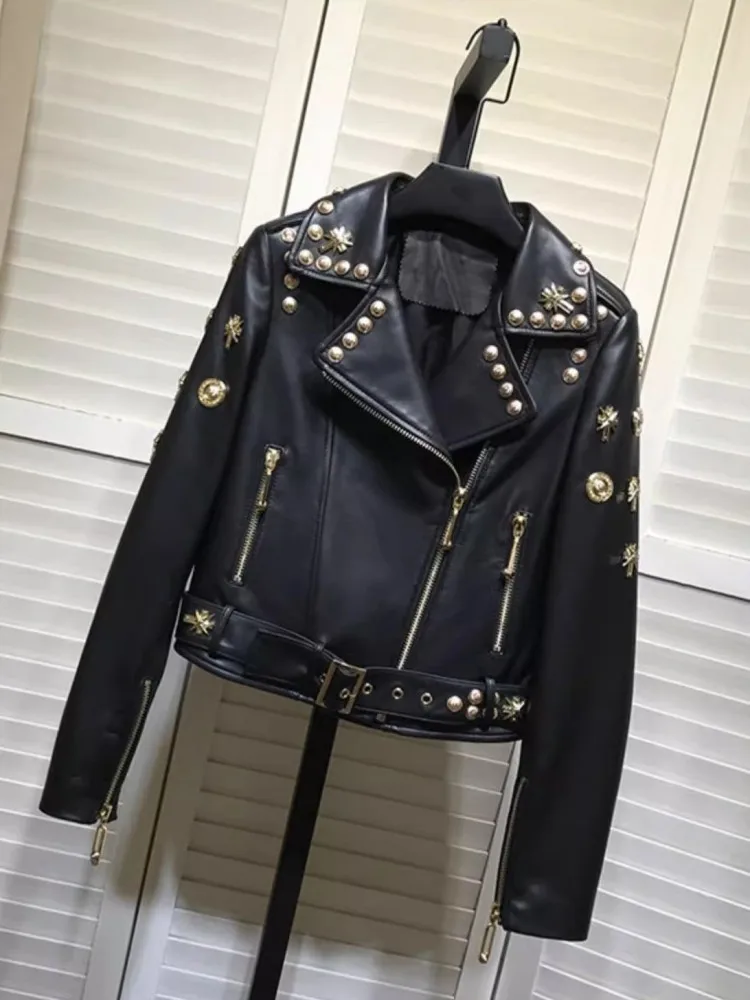 Punk Style Women Genuine Leather Jacket Zipper Lapel New Spring Autumn Slim Fit Real Sheepskin Designer Motorcycle Short Coat