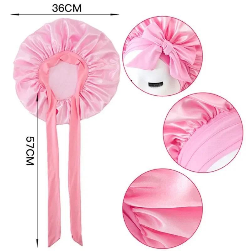 Women Bow Satin Sleeping Hat with Stretchy Tie Band Elastic Night Shower Cap Adjustable Solid Hair Head Cover Bonnet Turban