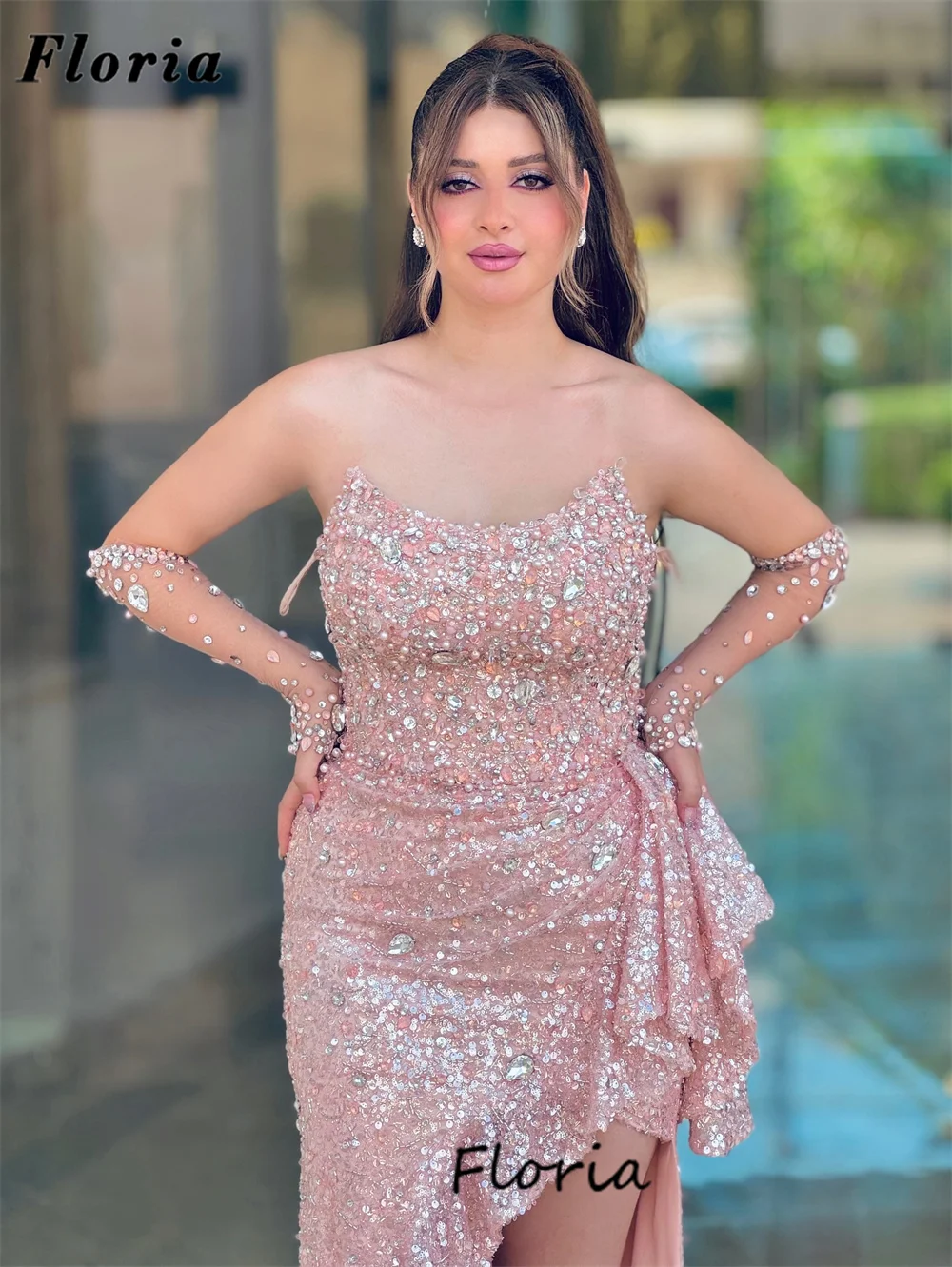 

Pink Split Side Formal Evening Dresses Sexy Strapless Beading Prom Dress For Women Dubai Crystals Wedding Party Gowns Customized