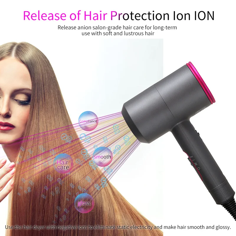 Hair Dryer Professional Negative Ion 2000w Household Salon Dryer Fast Blowing  Cold and Hot Air With Diffuser 3 Nozzles