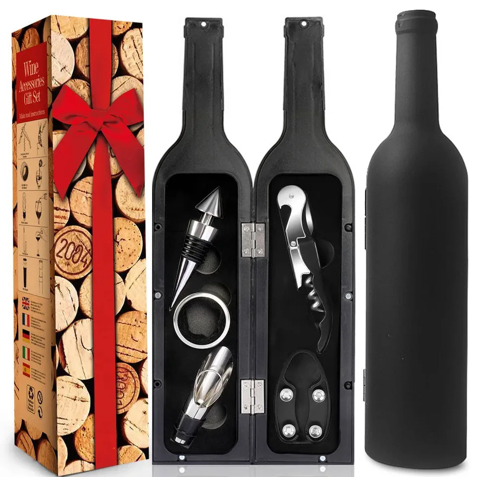 Black wine bottle 5-piece set+color box packaging Creative supply Red head wine bottle opener set 5-piece set