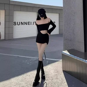 نسائي أسود عالي الخصر تنورة مثير التخسيس فستان صغير فائق النقاء الرغبة على الطراز الكوري موضة ربيع جديد 2024 أفضل 12 تنورة صغيرة مبيعا - رقم 7