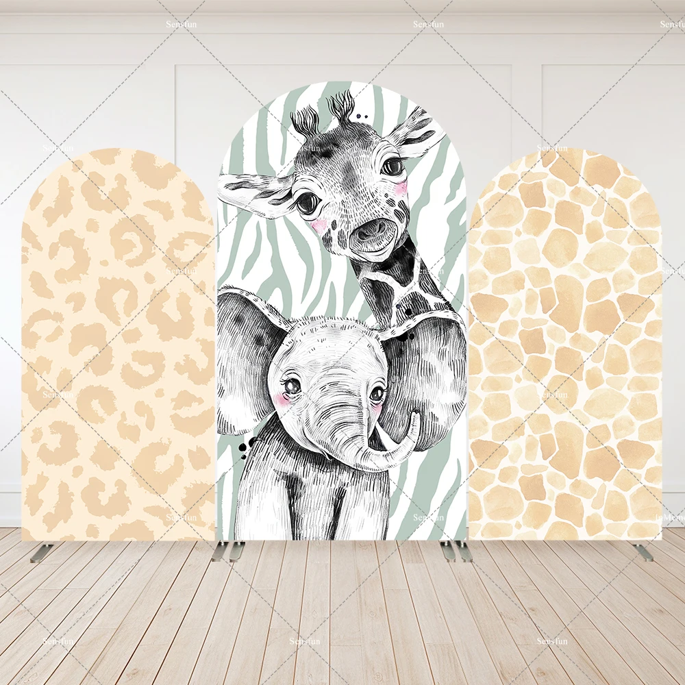 

Brown Giraffe Prints Baby Shower Arch Backdrop Chiara Wall Cover Cartoon Zebra Elephant Animals Baby Birthday Photo Background