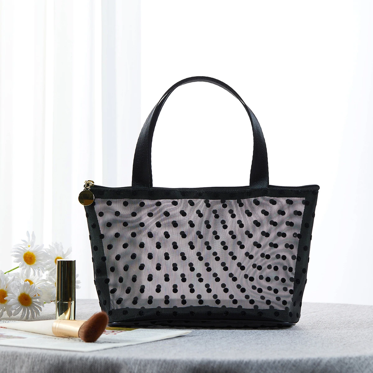 Large Black mesh Dot spattern Portable Tote Makeup Bag Beach Bag Travel Makeup Bag Toiletry Bag Cosmetic Bag makeup bag organiz