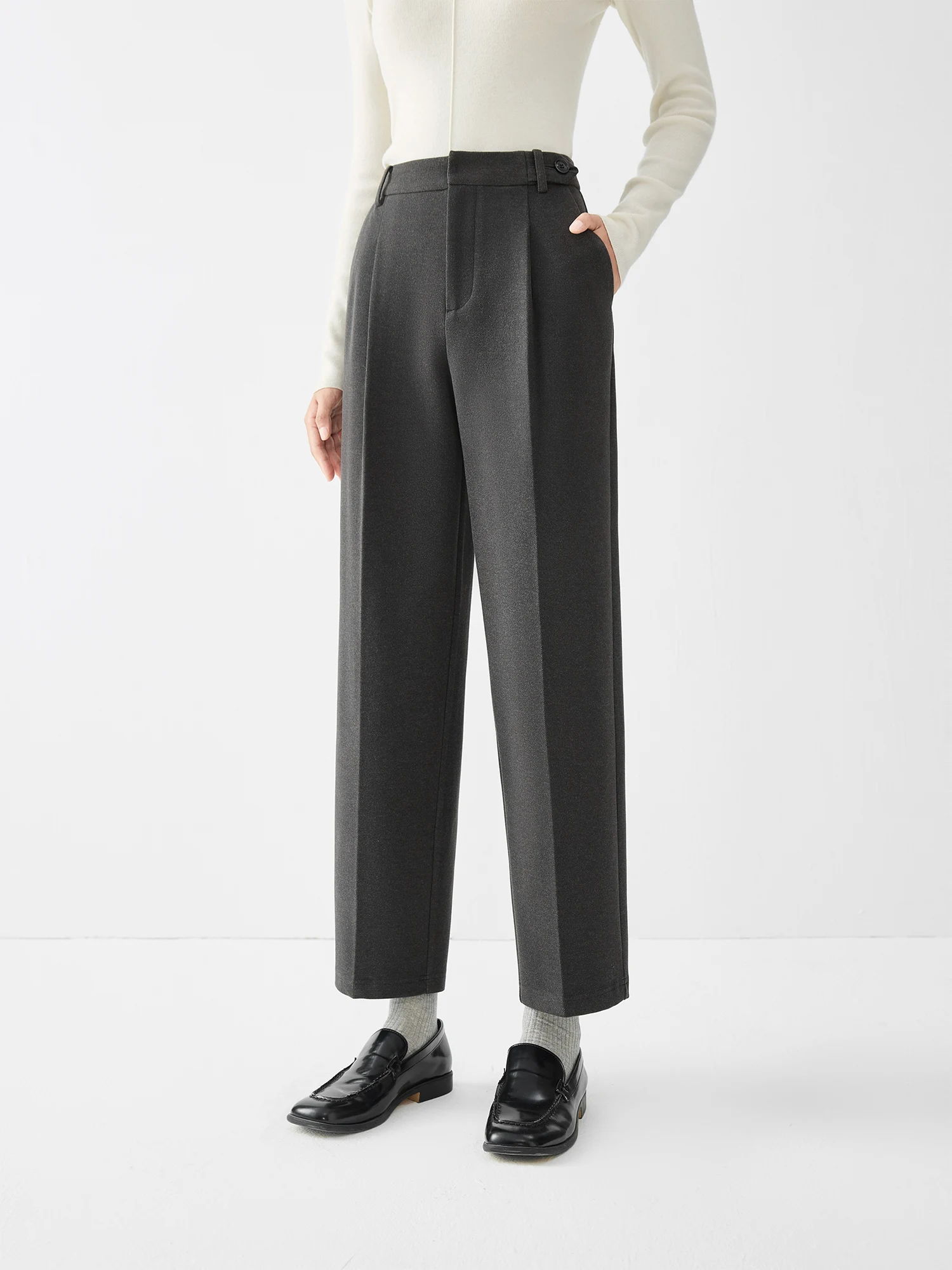 

FSLE Women Winter Trousers High Waist Grey Female Cropped Tapered Pants Office Lady Commuter Winter Thicken Black Pant 24FS14471