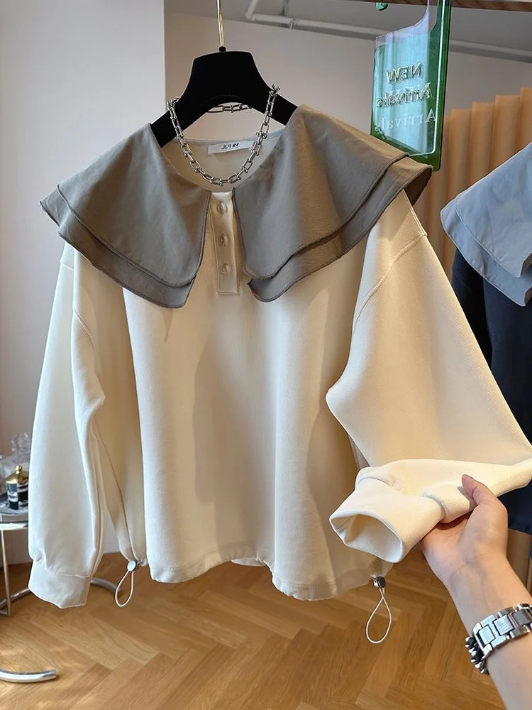 

Женская толстовка больших размеров с двойным слоем, воротником с рюшами, завязками на талии, свободного кроя, осенний топ, модная внутренняя одежда больших размеров