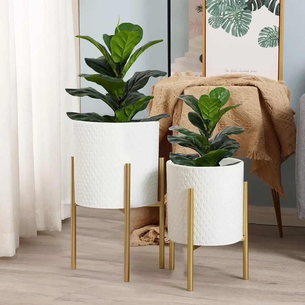 Planters for Indoor Plants, Set of 2 Indoor Plant Pots, White Planter with Gold Metal Stand, Luxury Flower Pots