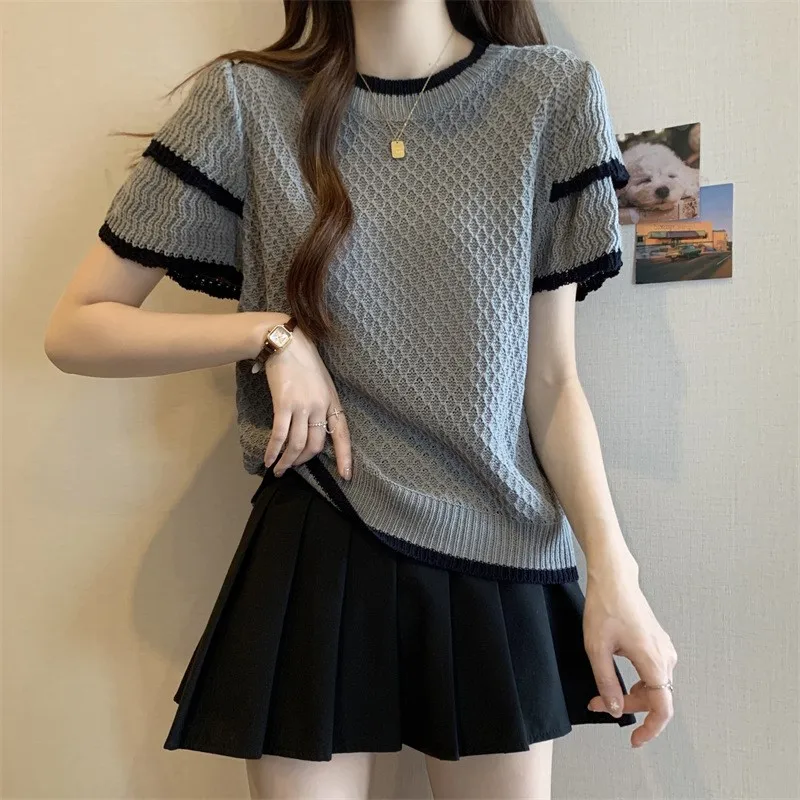 2023 Spring Summer women sweater Korean thin matching loose short-sleeved pullover Knitwear Hollow sweater NS5661