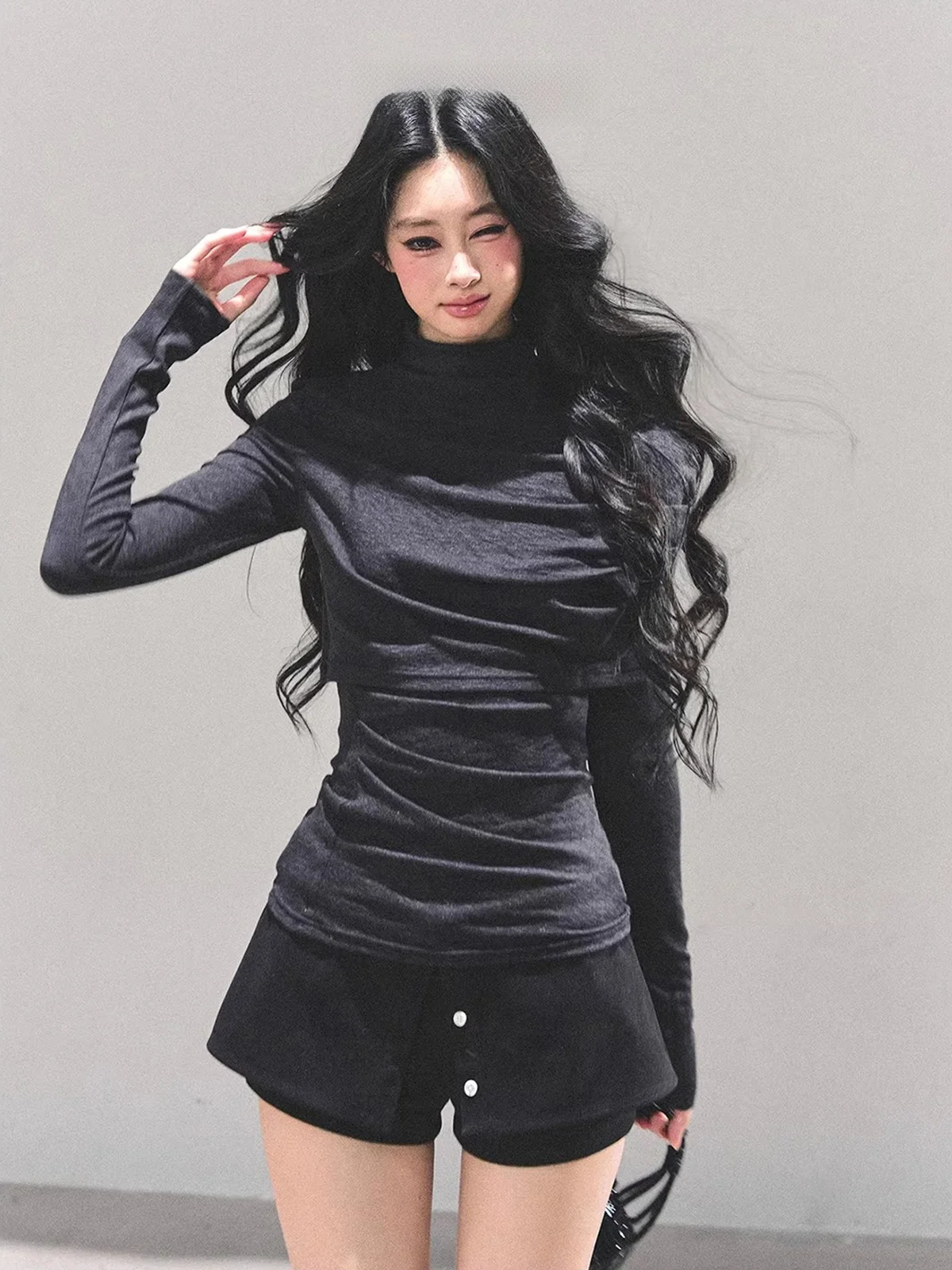 

AOMALM Spicy Girl Long Sve f High Collar Base irt Women's Slimming ey Top Casual Sle Universal Fit Slimming Cotto...