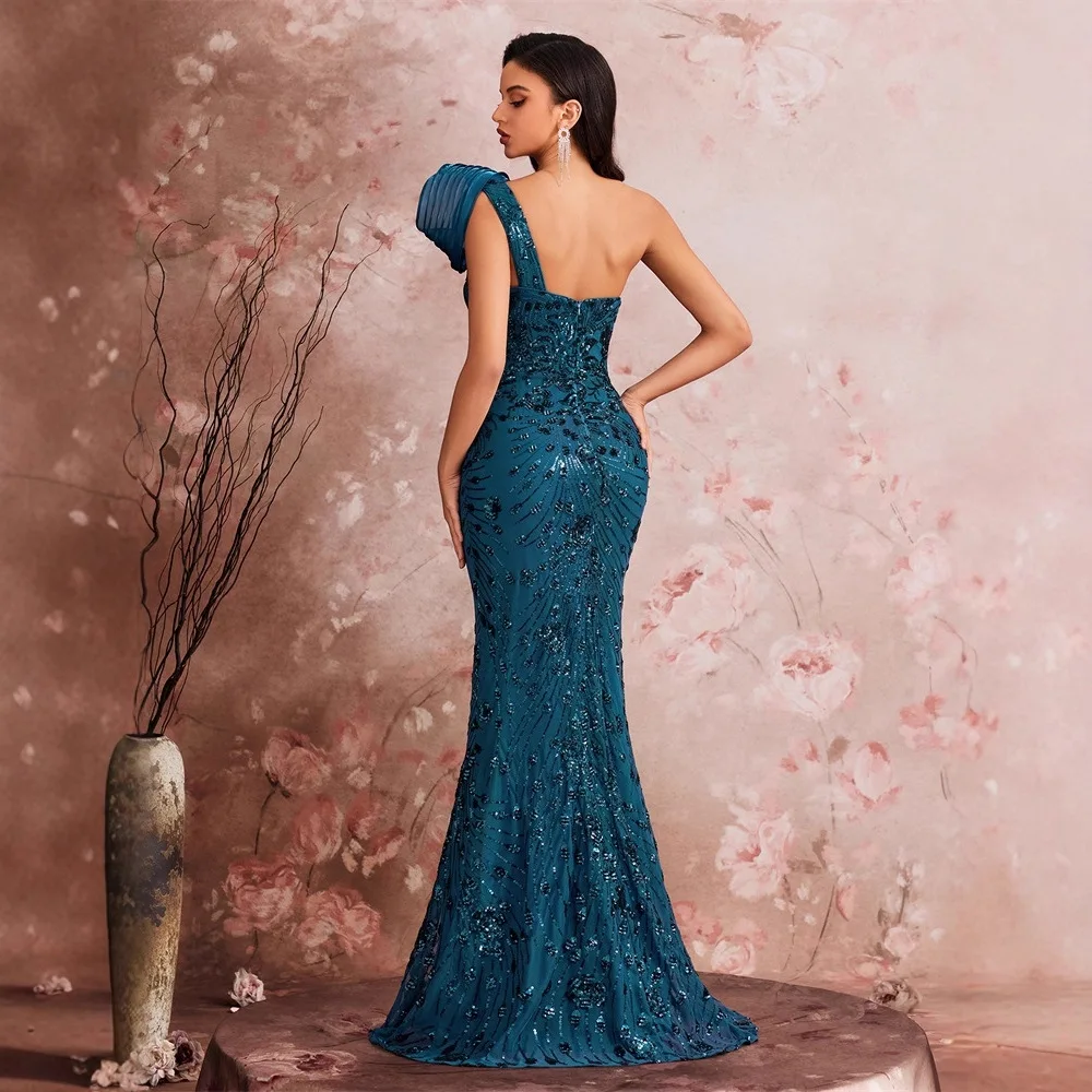 European and American Elegant Cocktail Party Evening Dress Advanced Shape Stretch Sequin One Shoulder Graduation Dance