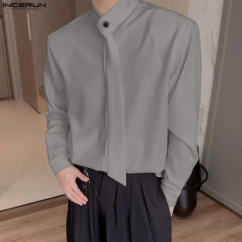 

Мужская рубашка INCERUN, однотонная, с воротником-стойкой, длинным рукавом, свободного кроя, уличная одежда, корейский стиль, модные повседневные мужские топы 2026
