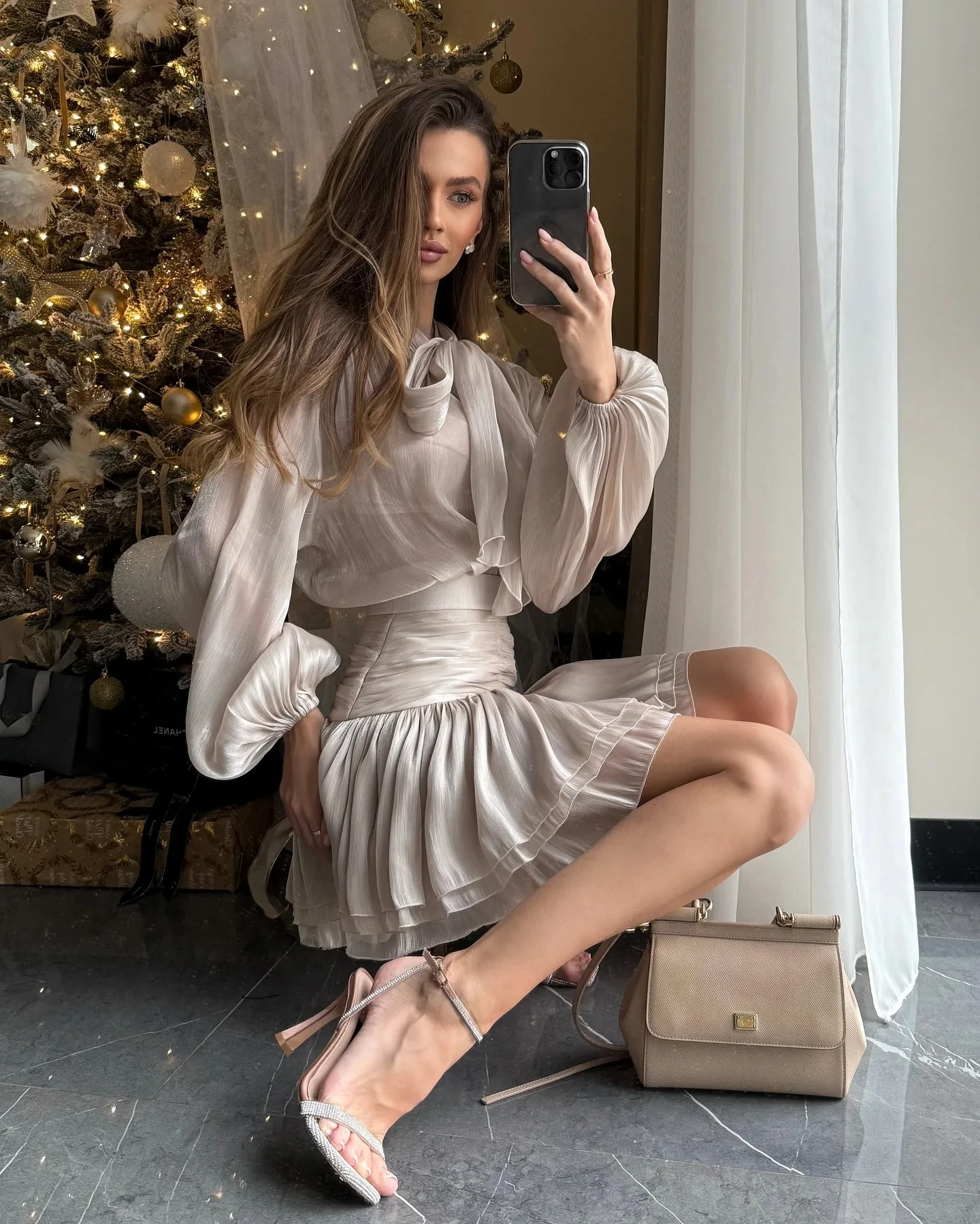 

Women's Elegant Bow Lace Up Top Skirts Set O-neck Long Lantern Sleeve Blouses High Waist Pleated Half-body Skirt Lady Outfits