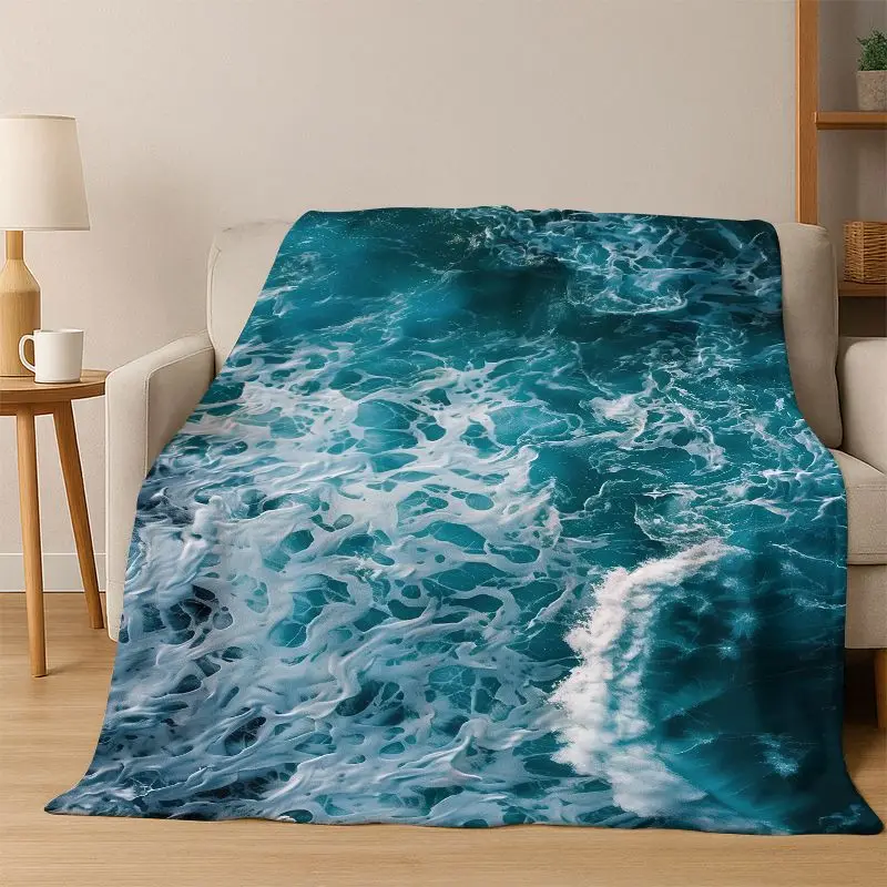 Blue Sea Waves Scenery Flannel Blanket Soft Warm Throw Blanket for Bedroom Living Room Bed Travel Camping Picnic Gift
