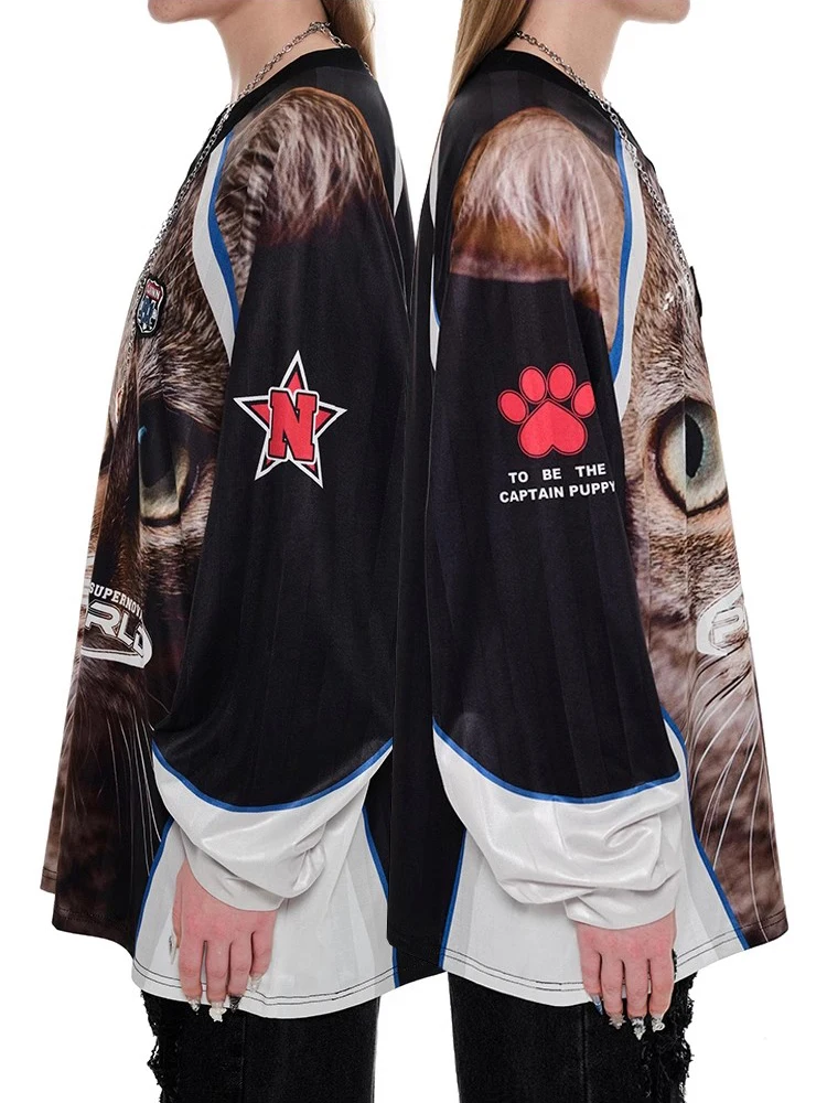 ReddaChic Funny Tabby Cat Sports T-shirt Women Contrast Graphic Jersey V-neck Long Sleeves Satin Oversize Top Hiphop Streetwear