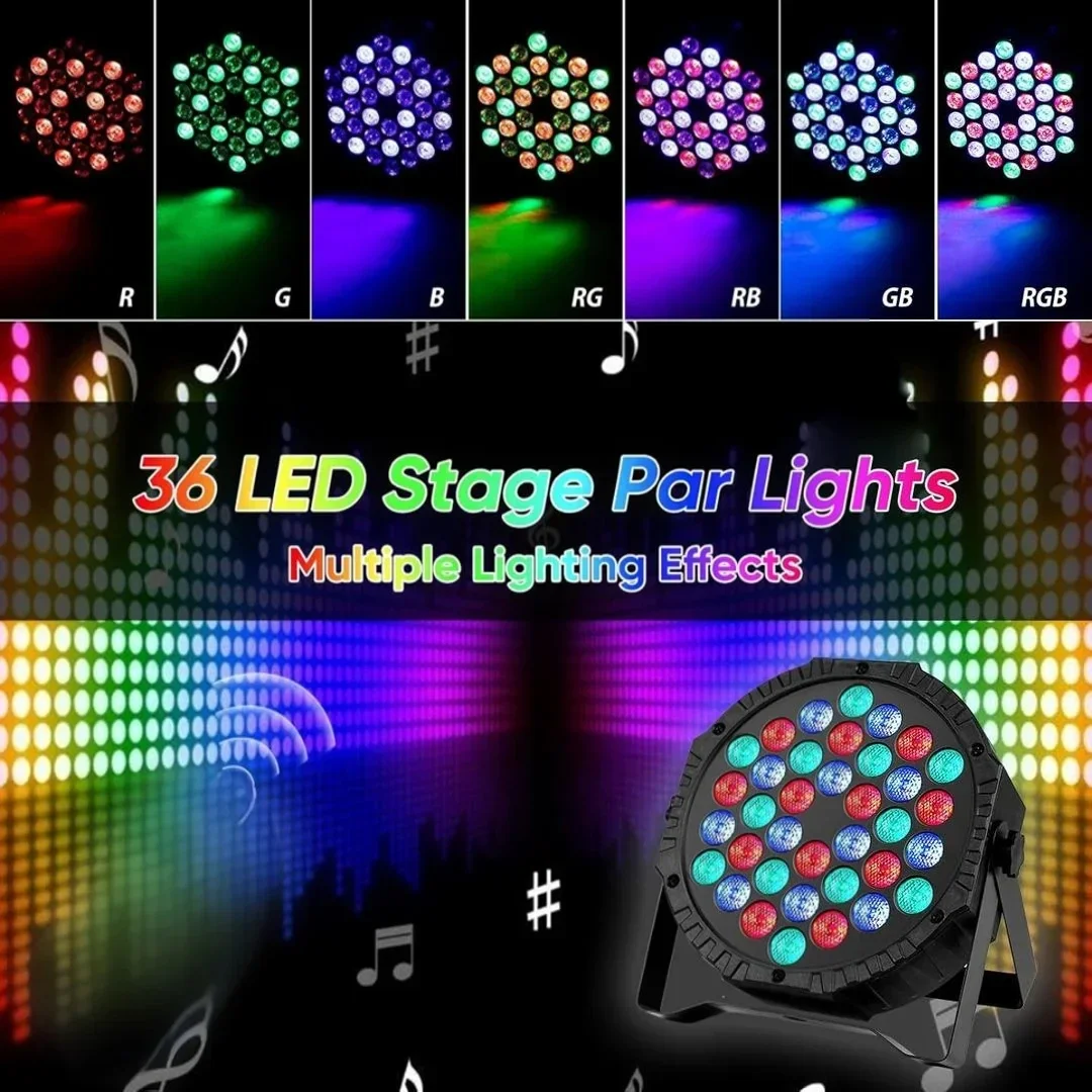 36 LED RGB Stage Par Light DMX512 Sound Activated Disco DJ Uplight Flat Stage Lighting Effect for Party Wedding Bar Club Decor