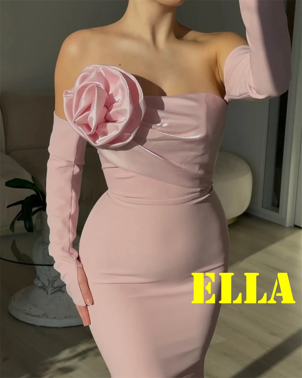 فستان سهرة من الجيرسيه الوردي بمزاج مخصص عالي الجودة بدون حمالات وأكمام طويلة فساتين المشاهير فستان حفلات رائع