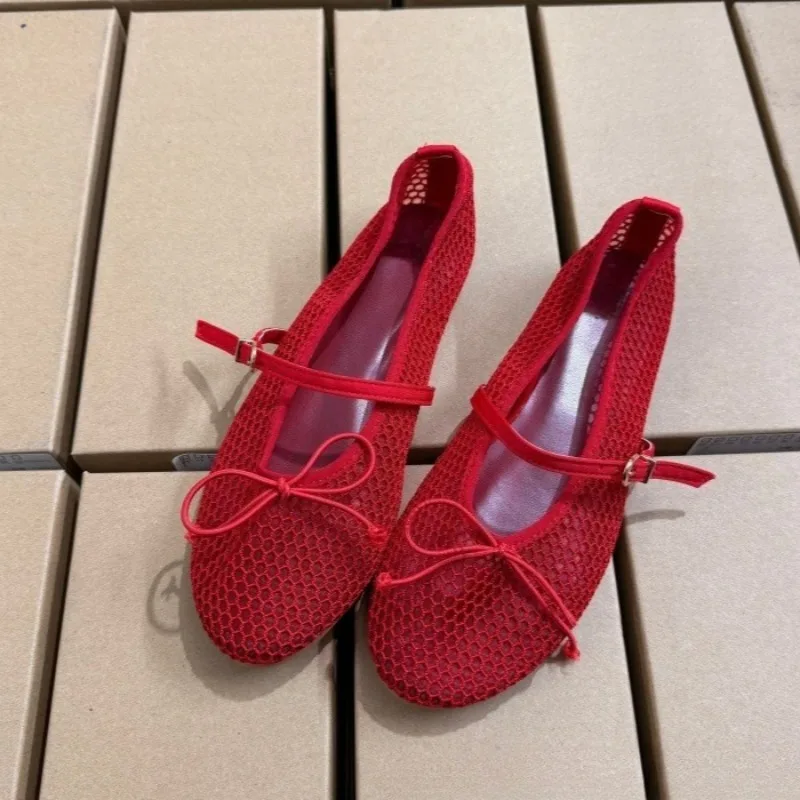 

2026 Summer Women Mary Jane Shoes Breathable Hollow Out Mesh Round Toe Casual Daily Bow Footwear Comfort Walking Ladies Flats