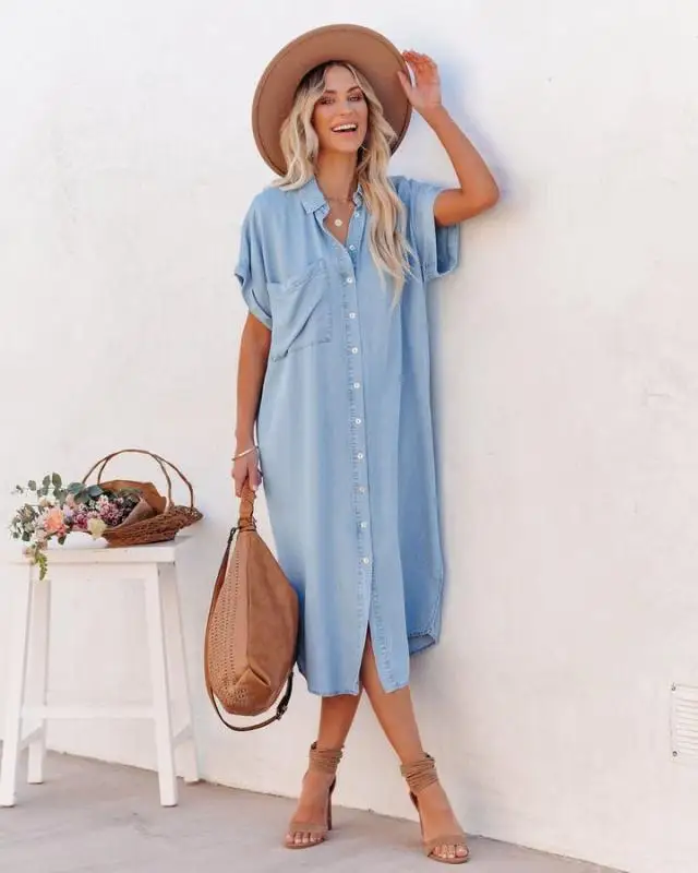 

New Fashion Casual Solid Color Denim Lapel Pocket Short sleeved Dress Mid length Split Lined Dress Women's Robe