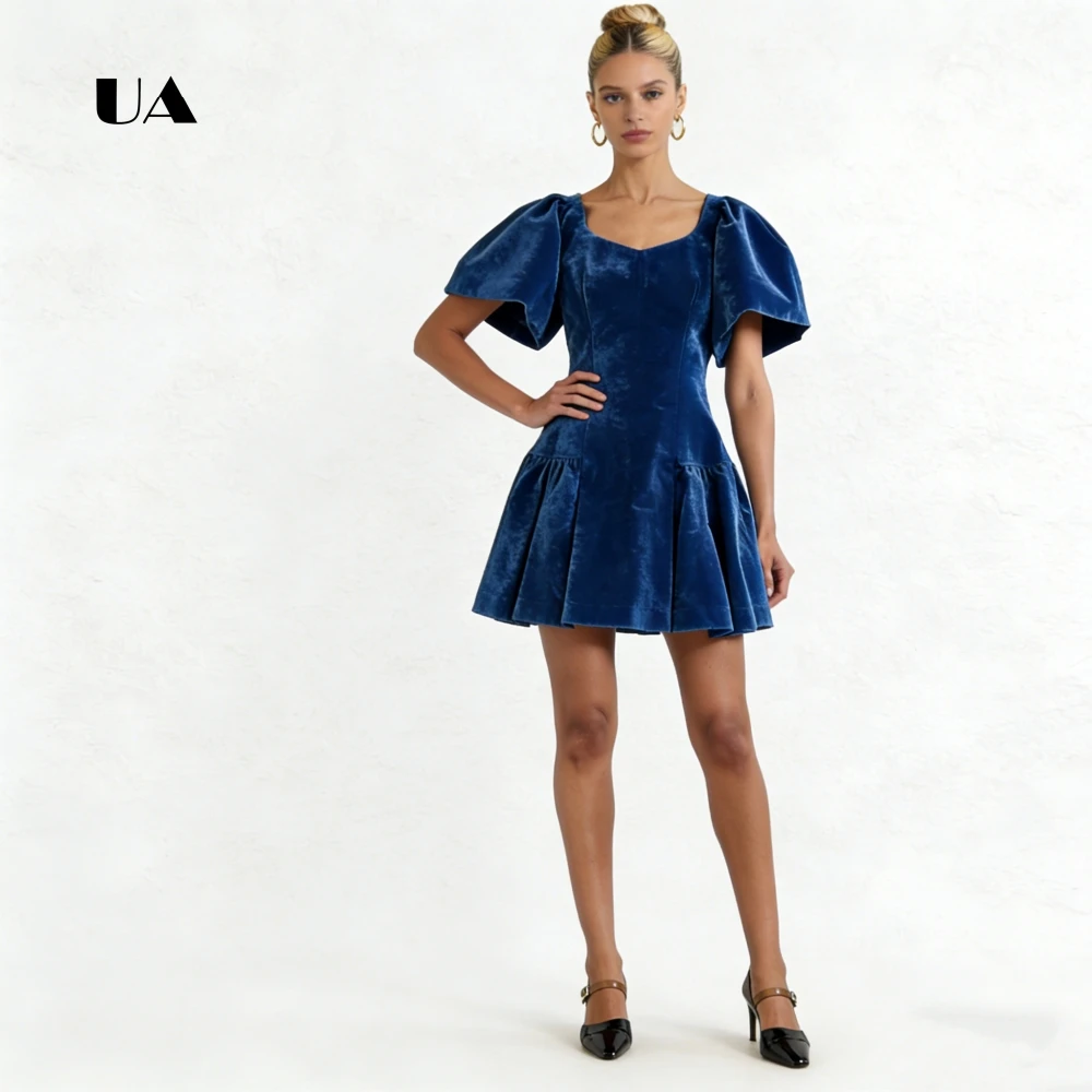 

ULBYANRY Velvet Fit-and-flare Mini Dress with Scoop Neck Solid Bubble Sleeve Evening Dress Simple Pleated Customized Party Gown
