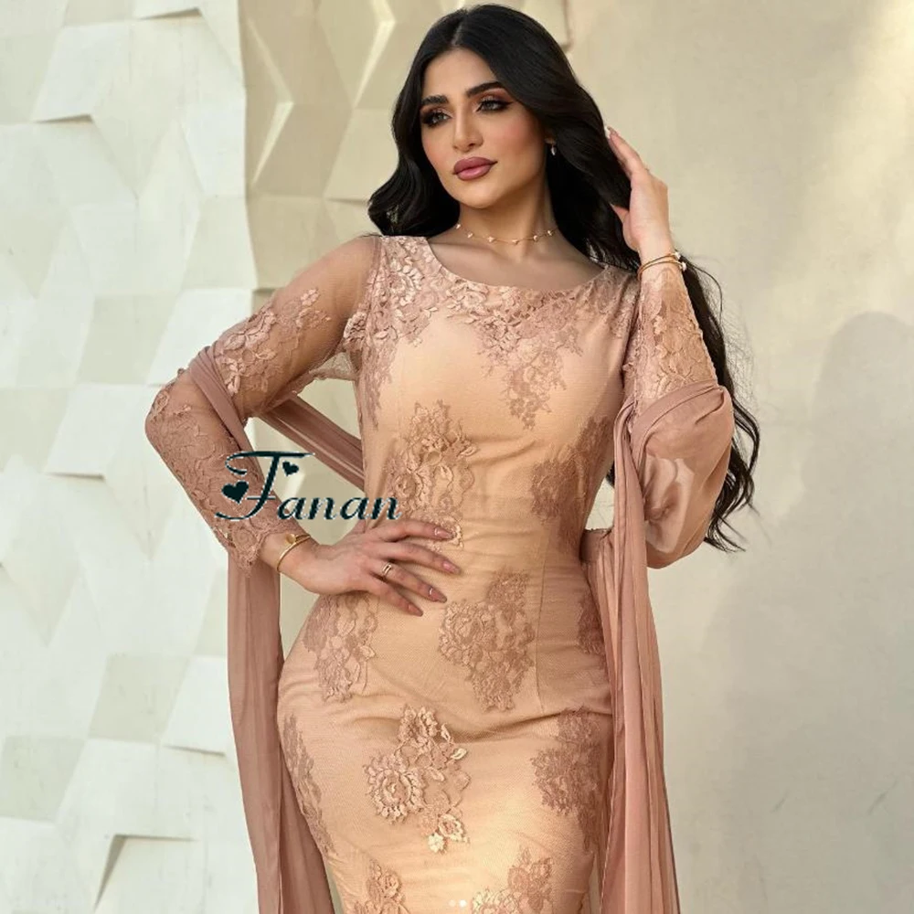 Personalizado simples champanhe o-pescoço camisa apliques vestidos de noite mangas completas em linha reta tornozelo comprimento elegante vestidos de baile