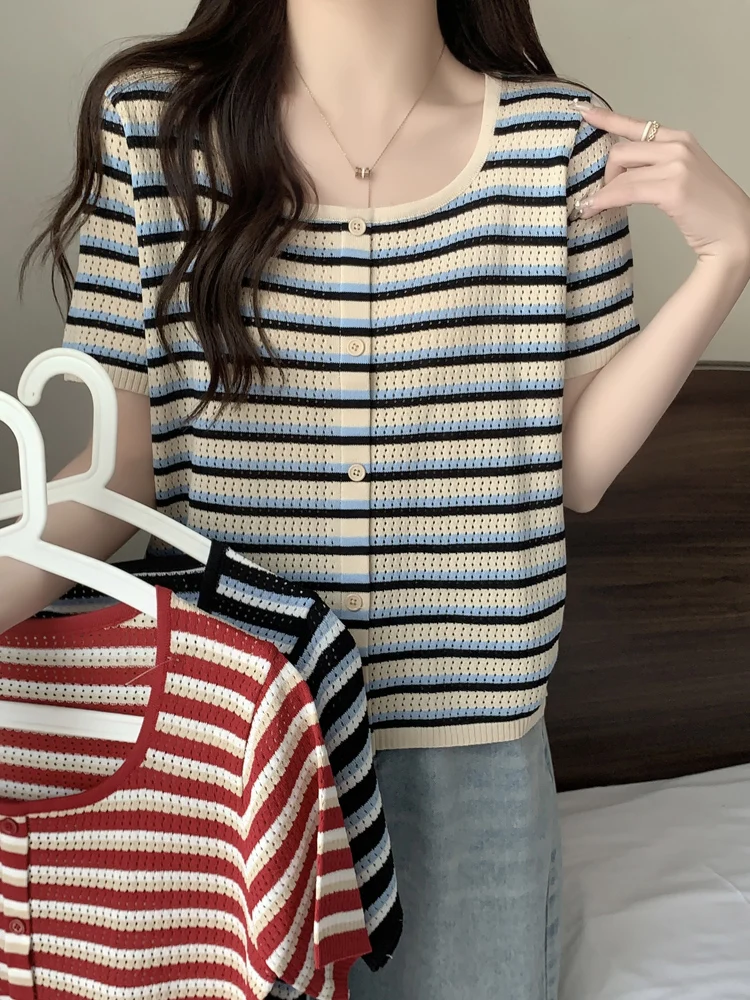 حجم كبير الحرير الجليد شريط تريكو ort Sve فضفاضة تناسب المرأة تي شيرت الكورية Sle تخفيف Faion زر التفاصيل