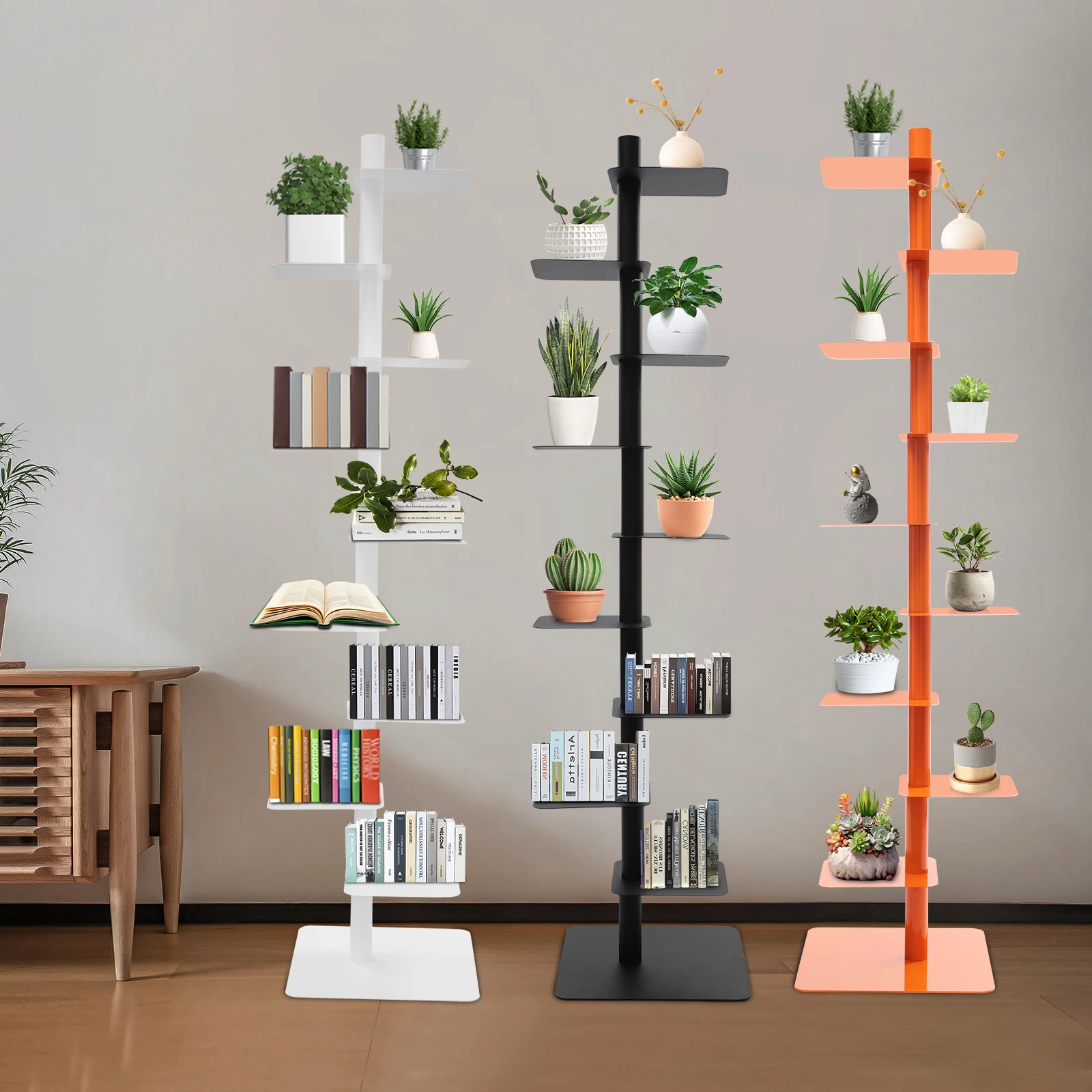 رف كتب دوار برتقالي/أبيض/أسود مكون من 9 طبقات 360 درجة °   رف الكتب العمود الفقري من الفولاذ الكربوني، رف الكتب الحلزوني، منظم كتب البرج العمودي