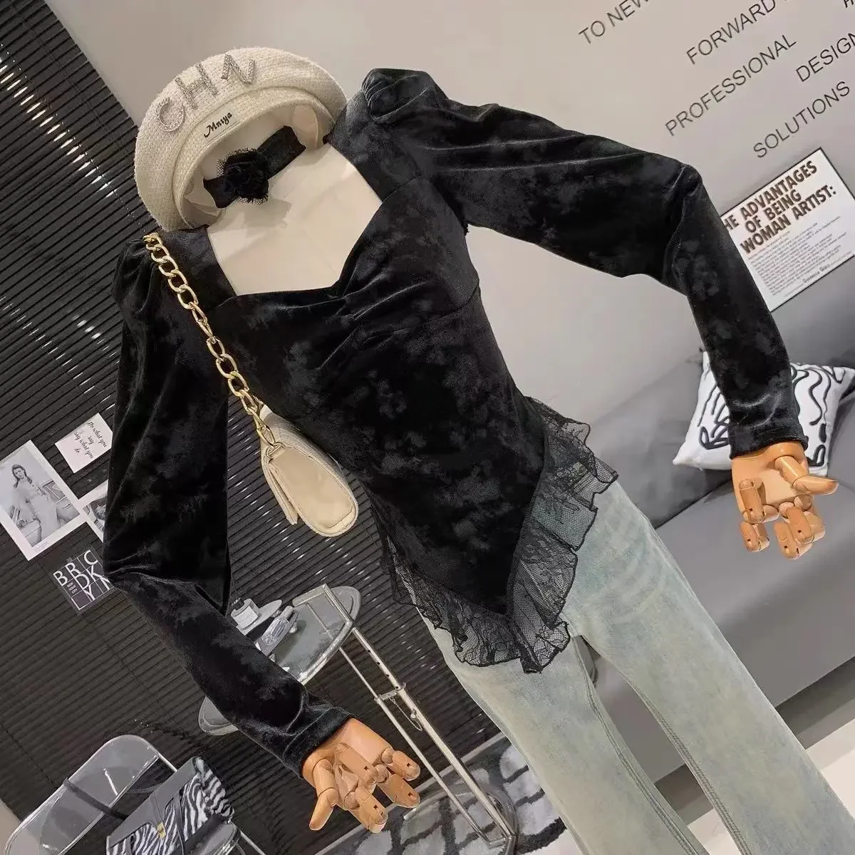 

Long Sleeved Shirt for Women Retro Ins Base Shirt for Women French Style Square Neck Collaone Lace Patchwork High-end