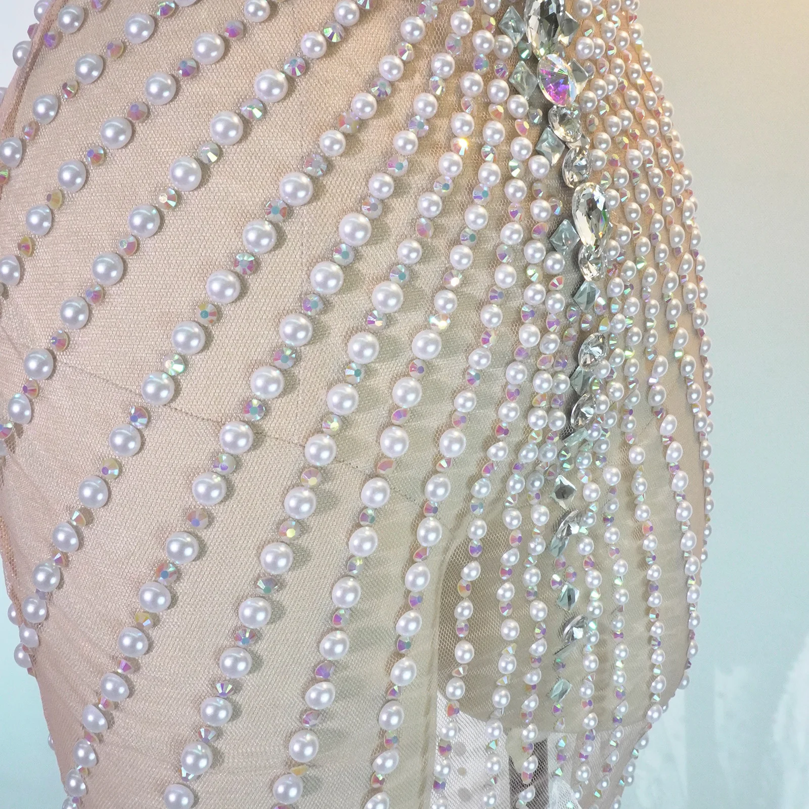 Sexy Sheer Pearl Sequins Crystal Evening Gown Women Sleeveless Mesh Bodycon Gala Party Dress Reception Formal Night Out