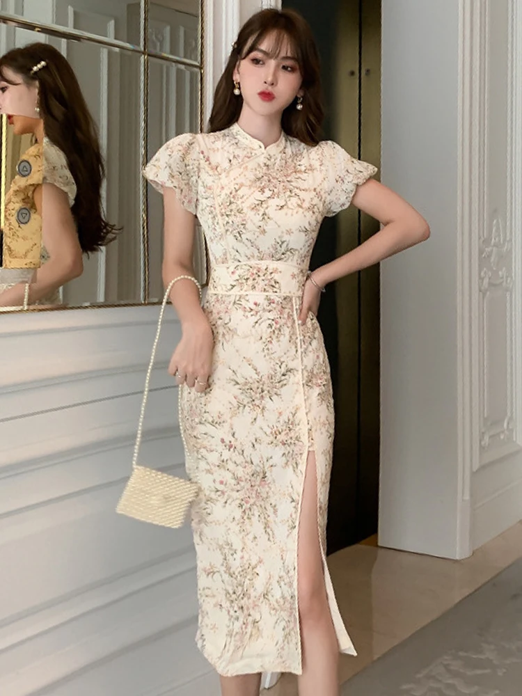 

Elegant Sweet Qipao Dresses for Women Vintage Exquisite Pearl Button Embroidery Floral Slit Robe Lady Party Cheongsam Vestidos