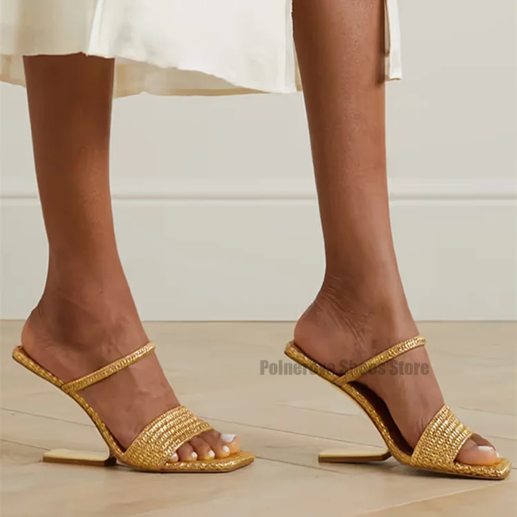 

Strange Style Heels High-Heeled Slippers Summer Sandals Women's Square Toe Open-Toed Gold Women Sandalias De Mujer Verano 2024